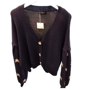 STORIA Navy Crop Carigan Sweaster with Ecru  STARS on sleeve  womans M